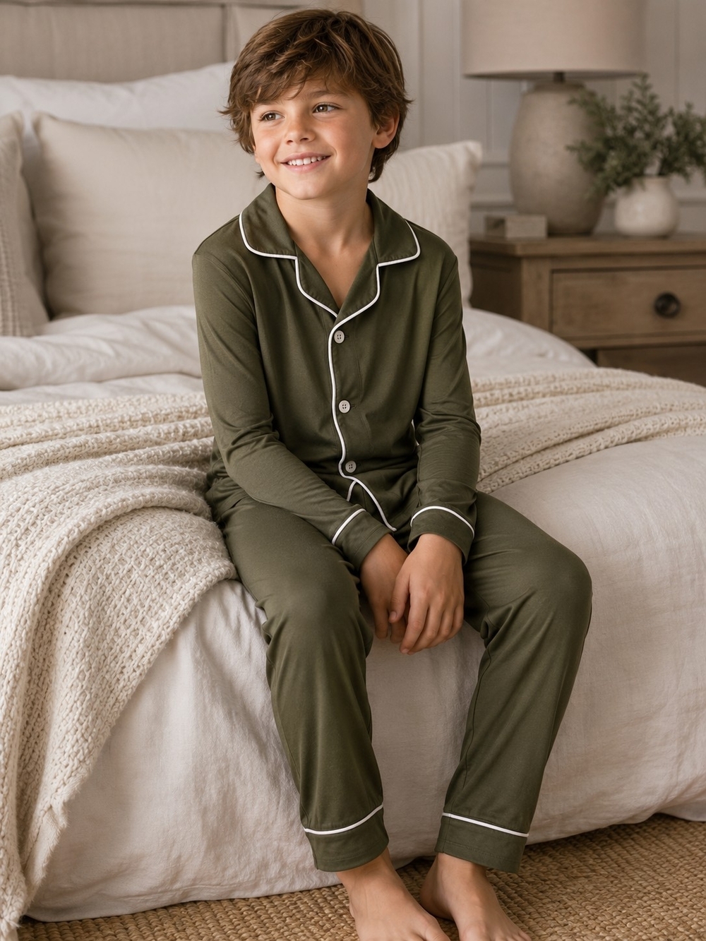 Cozy Earth Kids Bamboo Stretch-Knit Pajama Set Olive 9/10 NWT